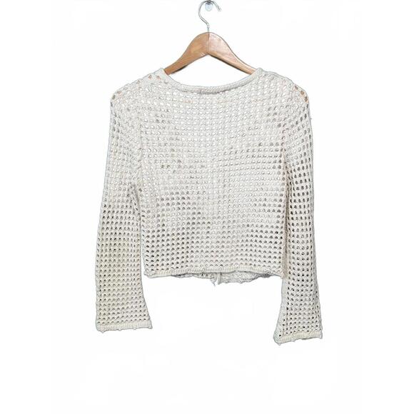 Cotton Emporium Cream Crochet Boho Cardigan Open Knit Button Front Crop Sweater - Picture 2 of 3
